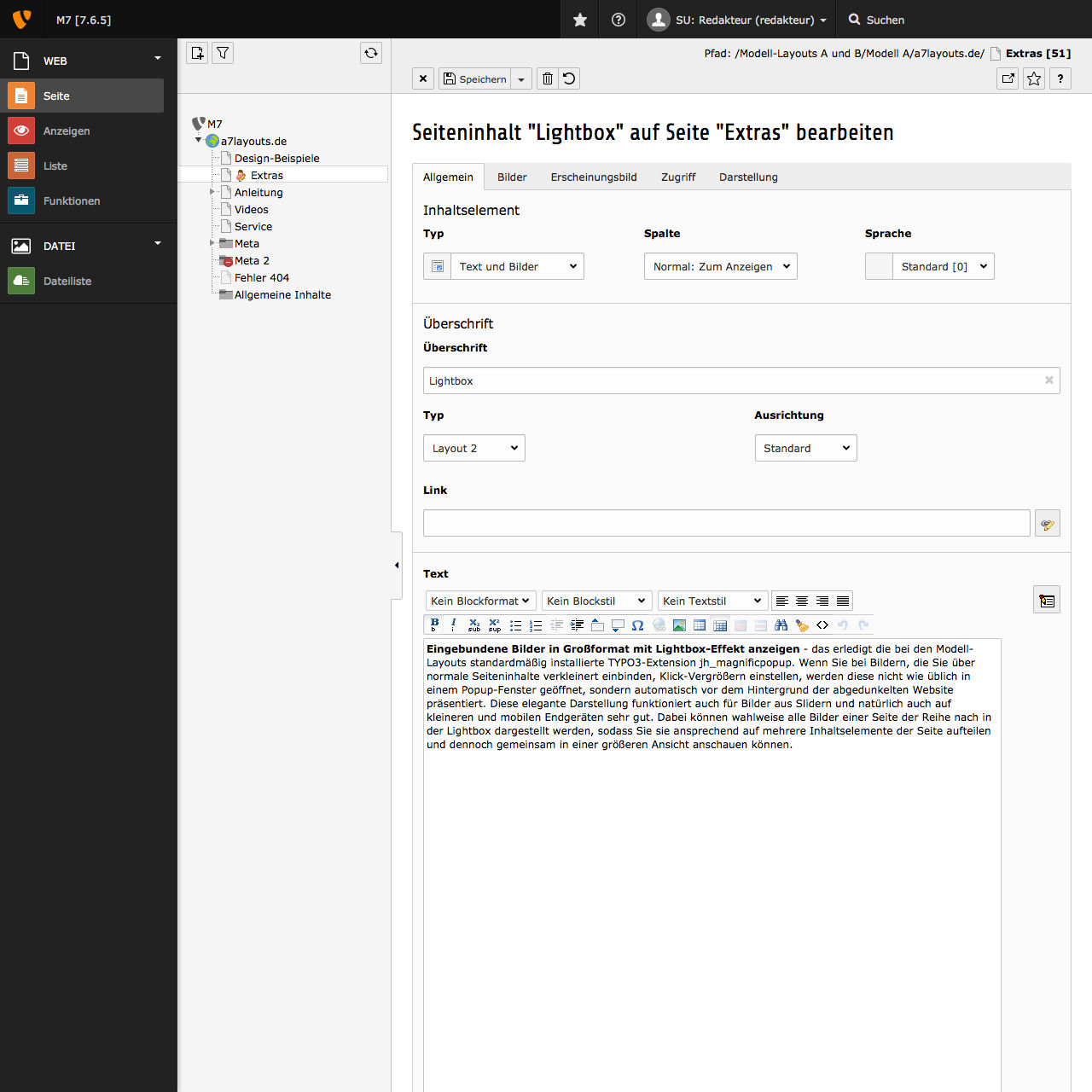 Typischer Seiteninhalt vom Typ Text und Bilder im TYPO3-Backend